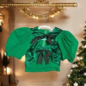 La’ Ros Holiday Christmas Emerald green satin top, puff sleeve blouse Size M